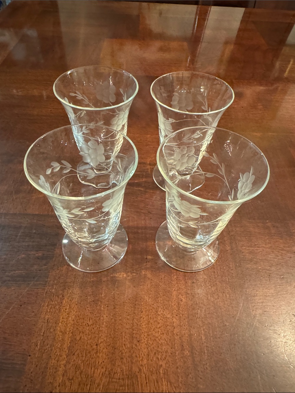 Vintage Clear Footed Juice Cocktail Delicate Etched floral Blossom Pattern